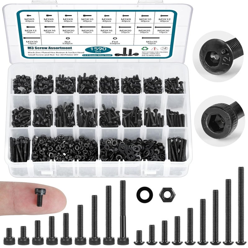 SATANTECH 1590Pcs M3 Screw Kit, Hex Button and Socket Head Bolts and Nuts Washers Set, 12.9 Grade Alloy Steel M3 Screw Assortment Kit for 3D Printing - Image 1